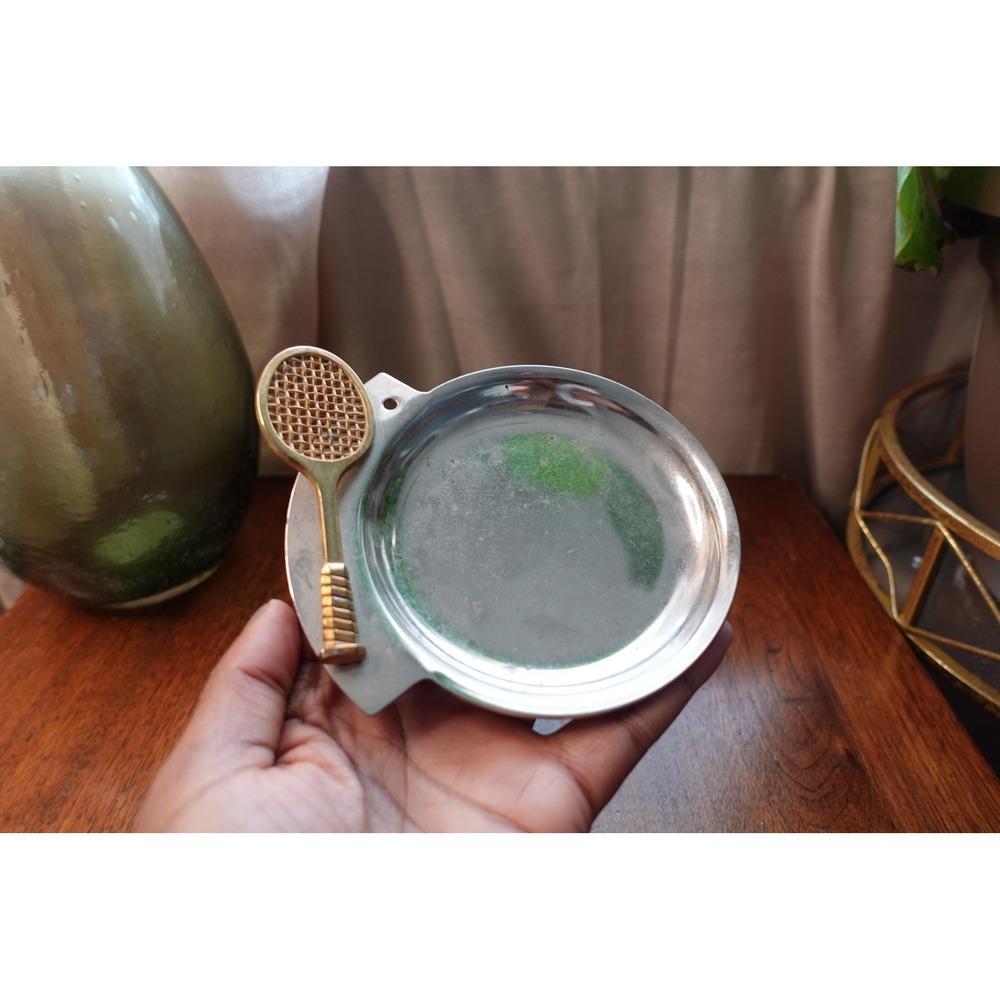 Vintage silver metal tray with copper tennis racket catch-all‎ trinket dish